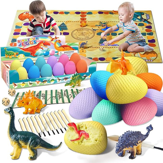 Dino Fossil Eggs Dinosaur Toys - 12 Dinosaur Eggs Dig Excavation Kit w Play Mat for Kids Ages 5-7 Easter Basket Essentials STEM Toy Christmas Birthday Gift for Boys Girls 3 4 5 6 7 8 + 8-13 Years Old-CubbioJoy