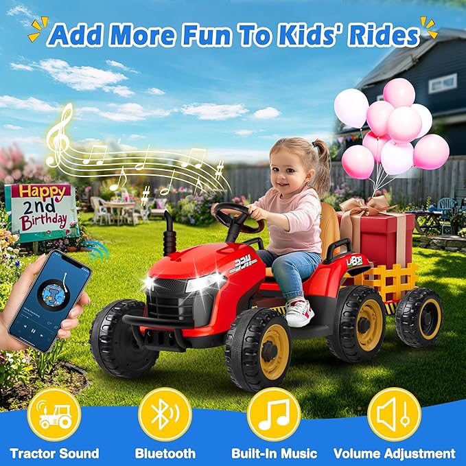 24V Ride On Tractor w/Tiltable & Detachable Trailer, 2x65W Motors, EVA Tires, Remote Control, Bluetooth, Shifter, Music, Electric Car for Kids Ages 2-5, Red-CubbioJoy