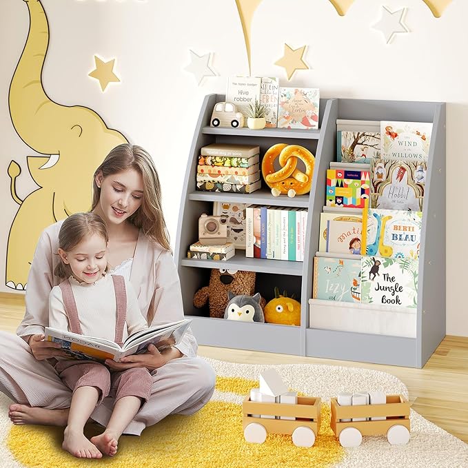 4 Tier Kids Bookshelf Set of 2,4 Layer Sling Kids Book Shelf for Kids Rooms,Wood Children Bookcase,Baby Storage Book Rack,Toddler Bookshelf, Book and Toy Organizer,Book Display Shelf for Nursery-CubbioJoy
