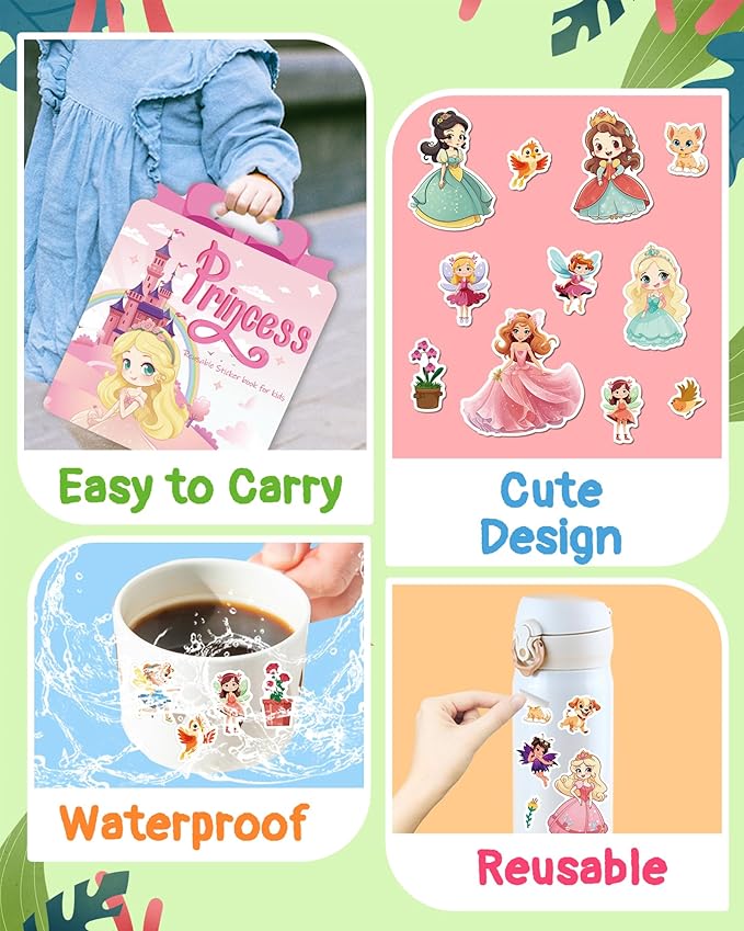Benresive Reusable Sticker Book for Toddlers 2-4 Years, Fun Travel Stickers for Kids, Waterproof Sticker Books for Toddlers 1-3, Crafts Activities for Todddlers 1-3 2-4 3-5 - Princess-CubbioJoy