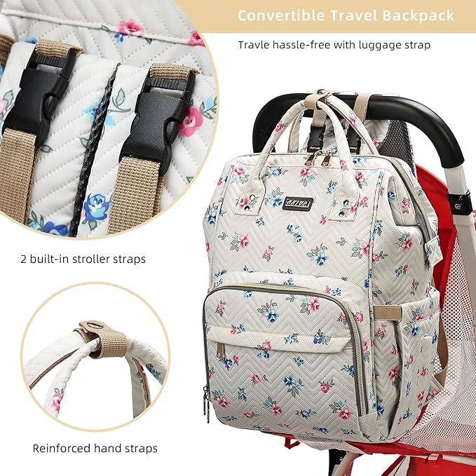 Diaper Bag Backpack, Diaper Bags for Baby Girls Boys, Baby Bags for Moms Dads, Nappy Changing Bag with Insulated Pockets,Multi-functional Waterproof Backpack with Stroller straps-Beige Flowers-CubbioJoy
