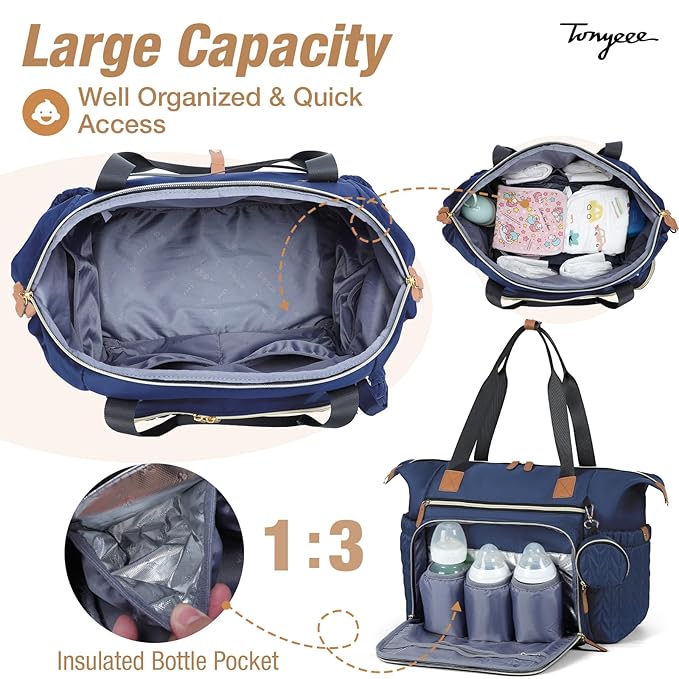 Diaper Bag Tote, Large Baby Diaper Bags Waterproof, Hospital Bag for Labor Delivery with Pacifier Case, Changing Pad, Shoulder Strap, Dark Blue-CubbioJoy