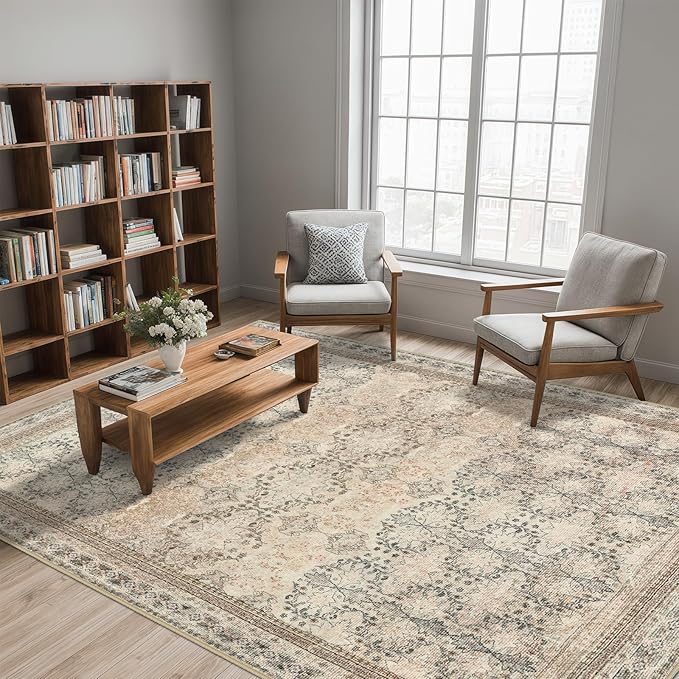 4x6 Area Rug for Bedroom Machine Washable, Non Slip Vintage Floral Kitchen Rugs for Dining Room, Rustic Indoor Floor Carpet for Nursery, Farmhouse, Office Classroom Beige/Pink/Orange-CubbioJoy