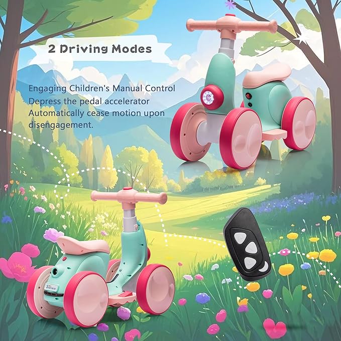 6V Electric Baby Balance Bike for 1 Year Old Boys Girls Ride on Toys 12-48 Months Toddler Balance Bike, 4 Wheels Kids First Bike with Remote Control First Birthday Gifts- Green&Red-CubbioJoy