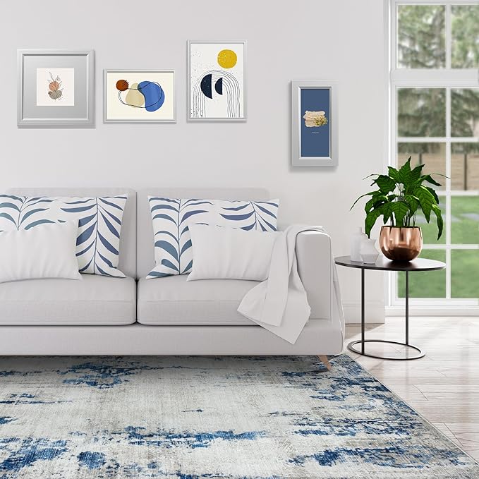 6x9 Area Rugs for Living Room Rug Washable: Modern Rug for Dining Room Bedroom Carpet Non Slip Low Pile 6 by 9 Indoor Abstract Nursery Home Office Blue White-CubbioJoy