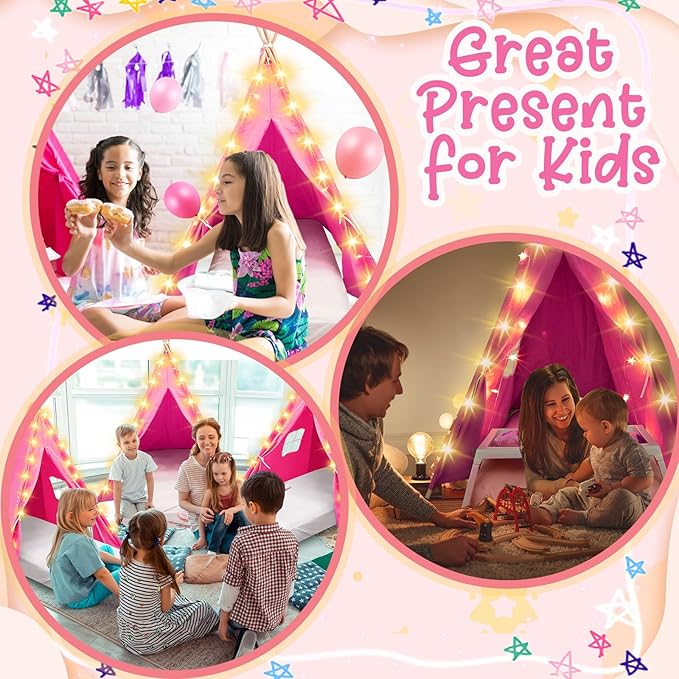6 Pack Sleepovers Teepee Tent for Kids Bulk with Mattress Sheet Light,Natural Cotton Washable Indoor Play Tent for Birthday Slumber Party Girls Boys Pajama Movie Night Supplies(Rose Red)-CubbioJoy