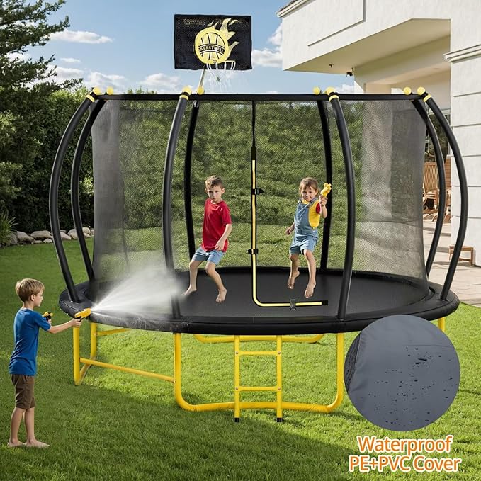 14FT Pumpkin Trampoline with Basketball Hoop, Balance Bar and Enclosure Net, Outdoor Trampoline for Kids and Adults, Capacity 880 lbs-CubbioJoy