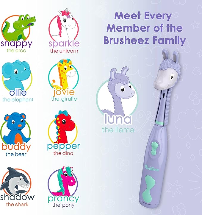 Brusheez Kids’ Electric Toothbrush Set - Safe & Effective for Ages 3+ - Parent Tested & Approved with Gentle Bristles, 2 Brush Heads, Rinse Cup, 2-Minute Timer, & Storage Base (Luna The Llama)-CubbioJoy