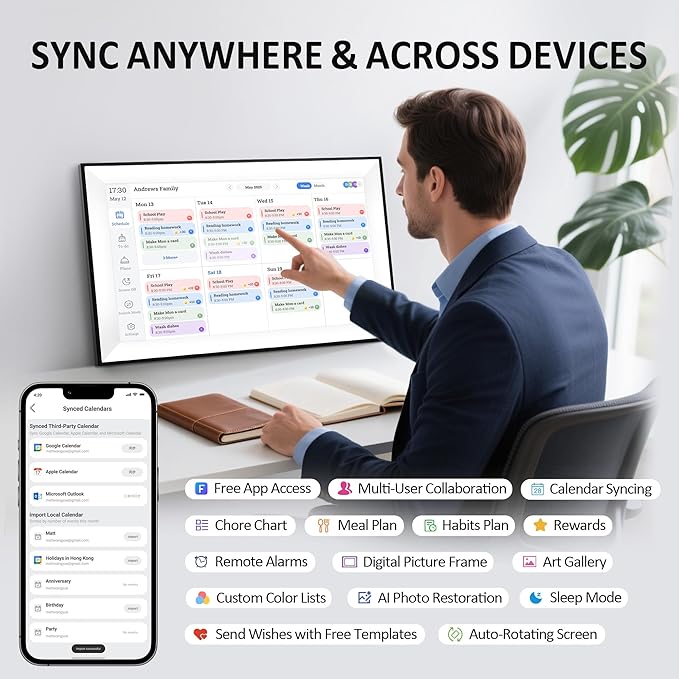 15.6" Digital Calendar Wall Planner,Touchscreen Interactive Display for Family Schedules, Achievement Rewards, Meal Planning,Digital Picture Frame, FHD 1080p Wall-Mountable Home Hub-CubbioJoy