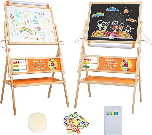 3-in-1 Wooden Easel for Kids, Toddle Double-Sided Easel with Magnetic Whiteboard and Painting Blackboard, 360° Rotatable, Paper-roll Holder, Storage Tray, and Stickers Included-CubbioJoy