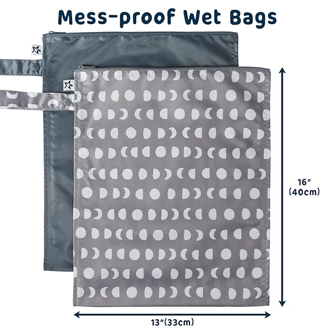Tiny Twinkle Mess-Proof Waterproof Wet Dry Bag | 2-Pack Reusable Wet Bags for Swimsuits & Baby Clothes | Leakproof Wet Bag for Travel & Diaper Changes for Baby (Luna)-CubbioJoy