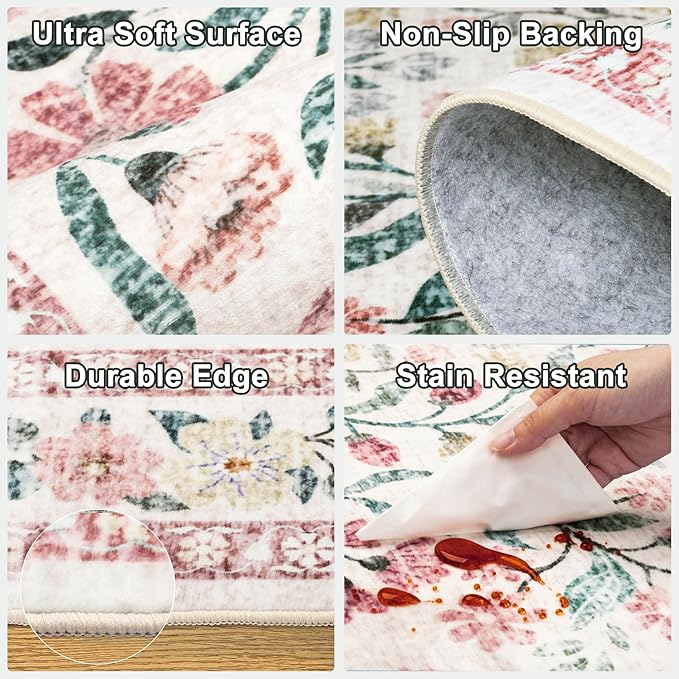 6x9 Area Rugs for Living Room: Floral Washable Rug Vintage Large Soft Boho Non-Slip Carpet Indoor Stain Resistant Thin Carpets for Bedroom Dining Room Farmhouse Nursery Hallway Home Office Pink Green-CubbioJoy