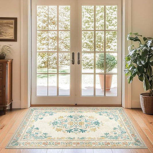 jinchan Vintage Floral 3x5 Area Rugs for Entryway - Machine Washable Distressed Design Ultra-Thin Low-Pile Soft Non-Shedding Carpet for Kitchen Bedroom Laundry Living Room (3x5ft,Apricot Multi)-CubbioJoy