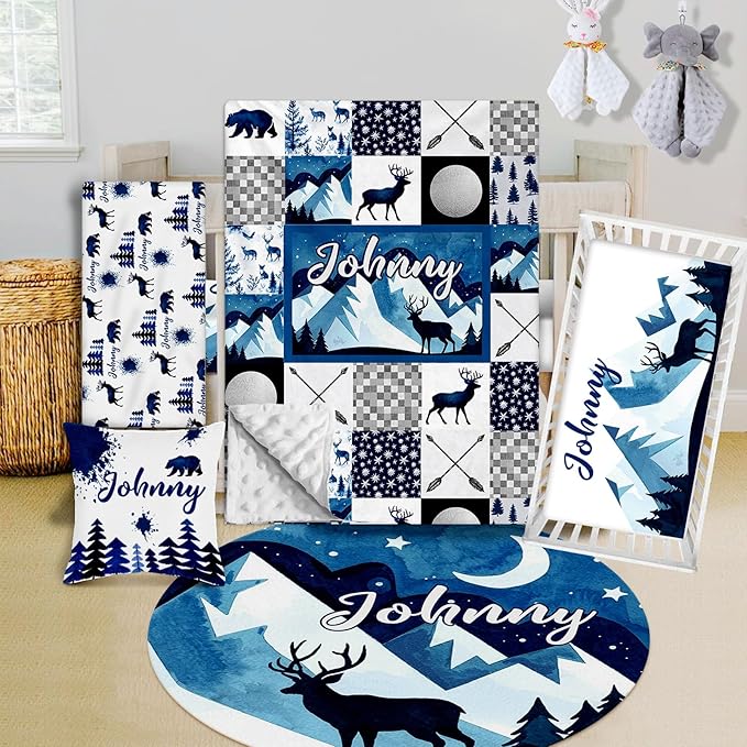 Custom Crib Bedding Set - Woodland Animals Design Personalized Name Baby Nursery Bed 3 Pcs Set - Chic Soft Blanket with Dotted Backing, Sheet, Pillowcase for Newborn Girls Boys Gifts Color10-CubbioJoy