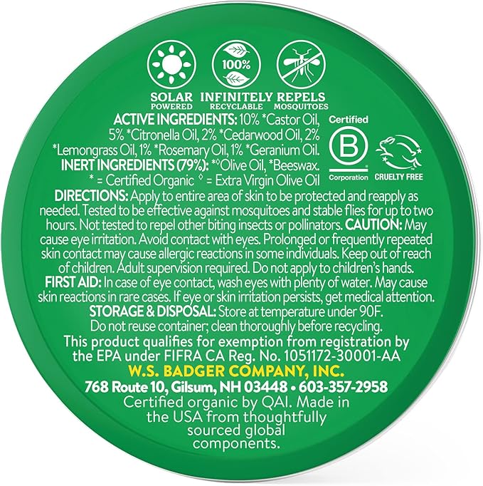 Badger Bug Repellent Tin, Organic Deet-Free Mosquito Repellent with Citronella, Family Friendly Pleasant Smelling Insect Repellent, Easy to Use, 2 oz Tin-CubbioJoy