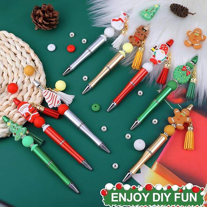 CZWZ 8 Pcs Christmas Beadable Pens, Plastic Beadable Pens with Multicolor Silicone Beads, Christmas Snowman Pine Tree Floral Hoop Deer Pens for Christmas Gifts Office School Supplies-CubbioJoy