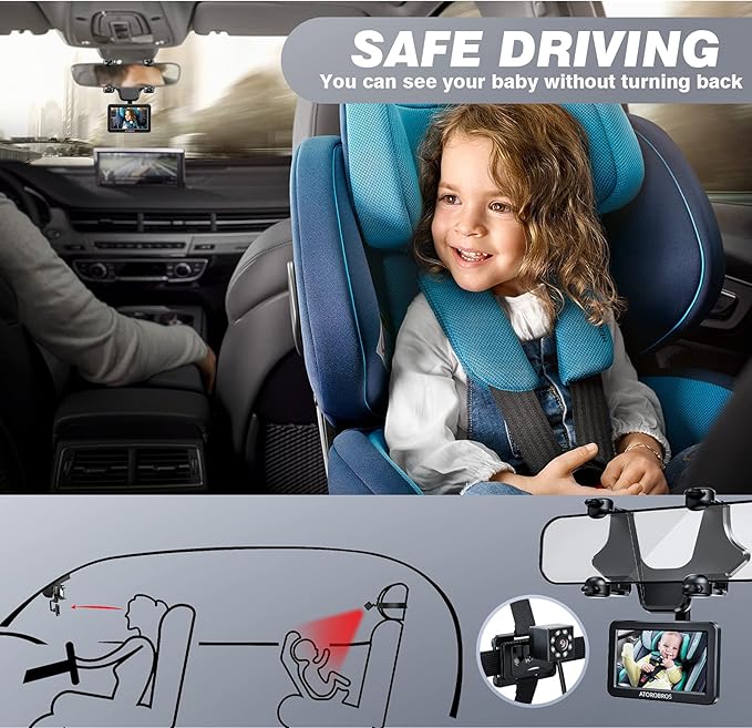 Baby Mirror for Car, ATOROBROS Baby Car Camera for Rear-Facing Seat with 4.3'' HD Display, Upgrade 360° Rearview Mirror Display Bracket, Easy and Safe to See Baby while Driving-CubbioJoy