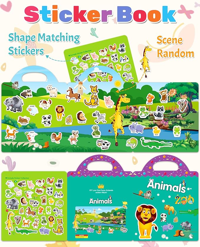 Benresive Reusable Sticker Book for Toddlers 2-4 Years, Fun Travel Stickers for Kids, Waterproof Sticker Books for Toddlers 1-3, Crafts Activities for Todddlers 1-3 2-4 3-5 - Animals Zoo-CubbioJoy