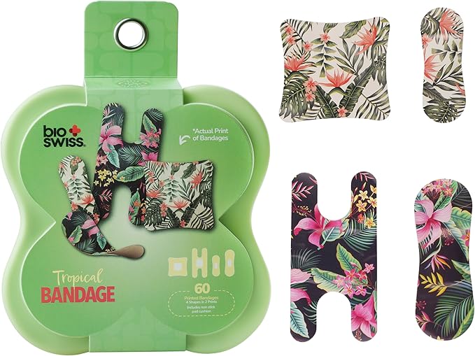 BioSwiss Bandages, Assorted Size Tropical Print Self Adhesive Bandage, Latex Free Sterile Wound Care, First Aid Kit Supplies for Kids and Adults, 60 Count-CubbioJoy