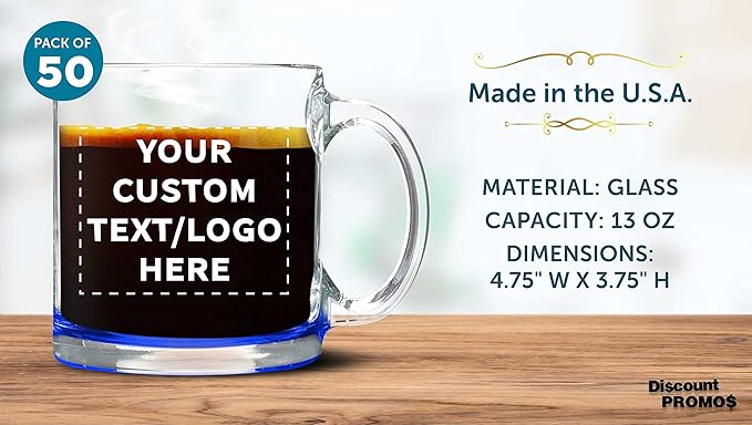 Custom Libbey Clear Glass Coffee Mugs 13 oz. Set of 50, Personalized Bulk Pack - Perfect for Coffee, Tea, Espresso, Hot Cocoa, Other Beverages - Blue Bottom-CubbioJoy