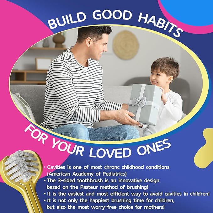 3 Sided Toothbrush for Kids, Japanese Design Triple-Angle Toothhugger, Cartoon Bear Design for Autism Toddlers, Kids Toothbrush for Aged 3-12, Soft Bristles for Gentle Gum Care (3Pack)-CubbioJoy