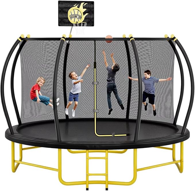 14FT Pumpkin Trampoline with Basketball Hoop, Balance Bar and Enclosure Net, Outdoor Trampoline for Kids and Adults, Capacity 880 lbs-CubbioJoy