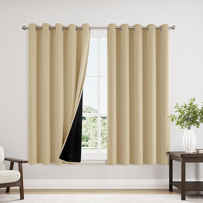 ChrisDowa 100% Blackout Curtains 63 inch Long for Bedroom with Black Liner, Extra Wide 2 Thick Layers Total Blackout Thermal Insulated Grommet Window Curtains 2 Panels Set (Beige, 60 x 63 Inch)-CubbioJoy