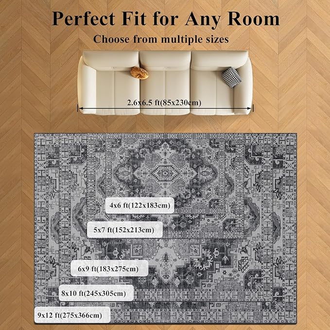 4x6 Washable Area Rug for Living Room, Carpet for Bedroom, Soft Faux Wool Retro Dining Room Rug, Non Slip&Non-Shedding Resistant Low Pile Vintage Print Rug for Home Office (Medium Gray)-CubbioJoy