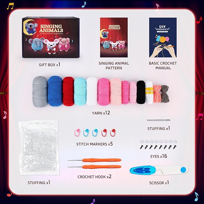 Crochet Kit for Beginners - 4 PCS Crochet Starter Kit with Step-by-Step Video Tutorials, for Adults Kids - Elephant Mouse Pig Koala Microphone Crocheting Set-CubbioJoy