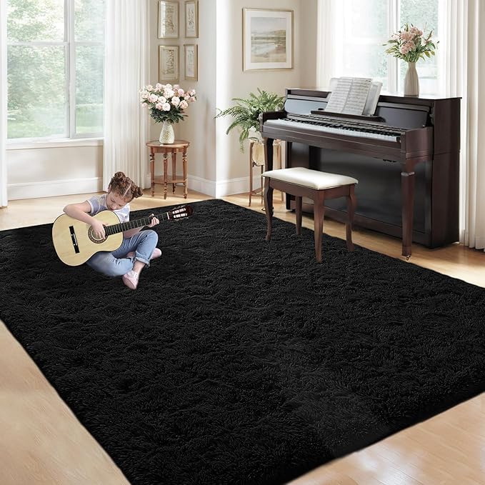 5x8 Area Rug for Living Room: Fluffy Shag Soft Washable Rugs Fuzzy Plush Indoor Carpet for Bedroom Nursery Playroom Dorm Kids Girls Boys Room (Black, 5'x8')-CubbioJoy