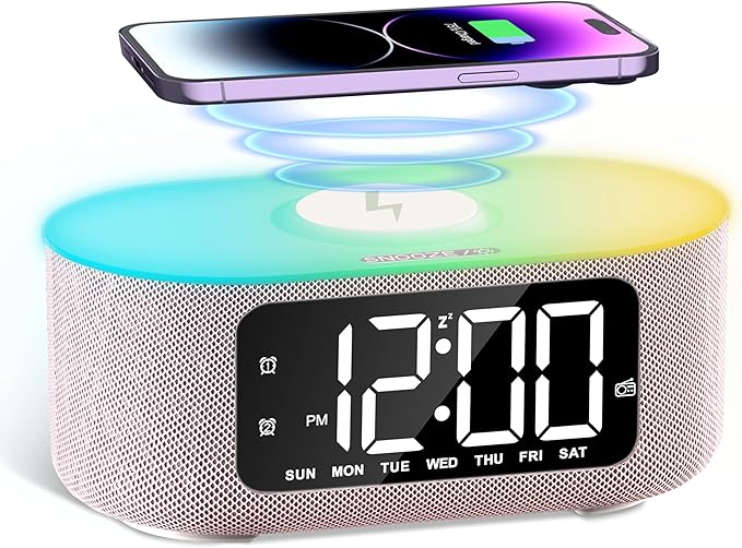 JALL Fabric Alarm Clock for Bedroom, with Big Led Screen Display, Bluetooth Stereo Sound Speaker, FM Radio, Fast Wireless Charging, USB Charging Port, Nightlight, White Noise, Ideal for Gift, Pink-CubbioJoy