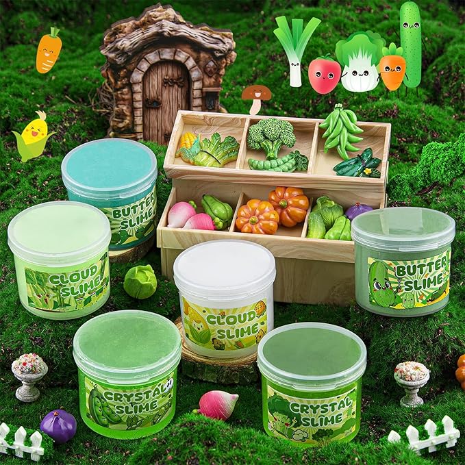 6 Packs Gradient Green Slime Kit - Cloud Butter Clear Slime, Crunchy Slimes for Kids with Various Slime Add-ins, Non Sticky Slimes Party Favors for Girls and Boys-CubbioJoy