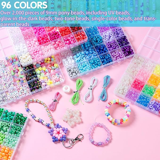 5 Boxes Bracelet Making Kit Pony Beads, 6x9mm Kandi Rave Beads & Hair Beads Set with UV Color Changing, Glow-in-Dark, Chrome & Alphabet Letters for Friendship Jewelry DIY Crafts-CubbioJoy