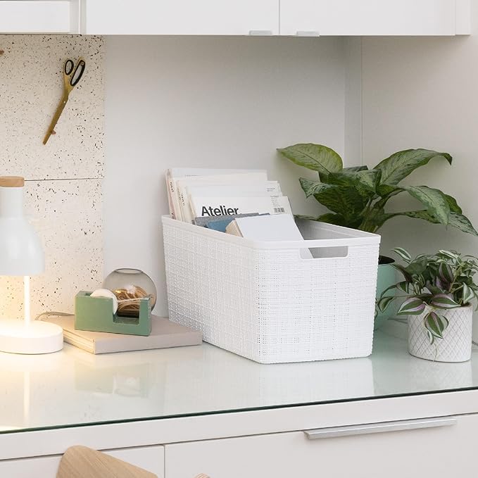 Curver Set of 4 Jute Large Decorative Plastic Organization and Storage Baskets, Perfect Bins for Home Office, Closet Shelves, Kitchen Pantry and All Bedroom Essentials, White-CubbioJoy