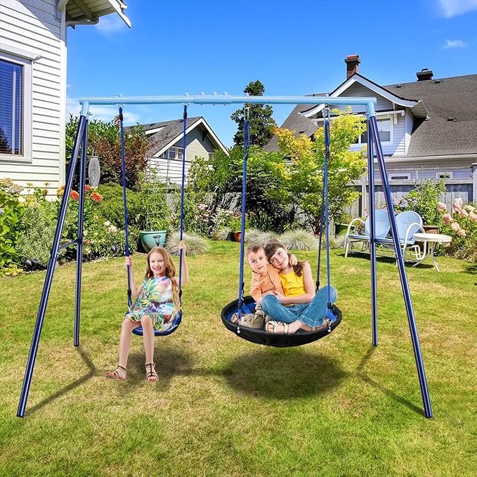 2 Seat Swing Set for Backyard - Metal A-Frame Holds 440 lbs, 1 Adjustable Saucer Swing and 1 u-Shape Swing - Suitable for Kids 3-8 Years-CubbioJoy