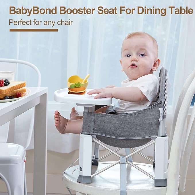 Baby Travel Booster Seat with Double Tray, BabyBond Upgraded Toddler Portable Baby Chair, Booster Seat for Dining Table, Stable and Foldable Booster Baby Chair for Indoor/Outdoor (Grey)-CubbioJoy
