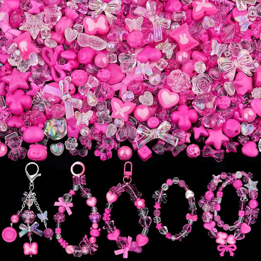 Assorted 170-230PCS Rose Pink Acrylic Beads for Bracelet Making, Flower Bow Butterfly GummyBear Aesthetic Bracelet Charms,Cute Beads for Jewelry Making DIY Necklace Keychain Phone Charm-CubbioJoy