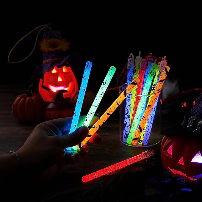 JOYIN 24 Pcs Halloween Glow Stick Hanging Wands in 8 Different Pattern Designs and 6 Colors for Kids Party Favors, Halloween Party Supplies, Glow in the Dark, Goodies Bags Fillers, Non Candy Treats-CubbioJoy