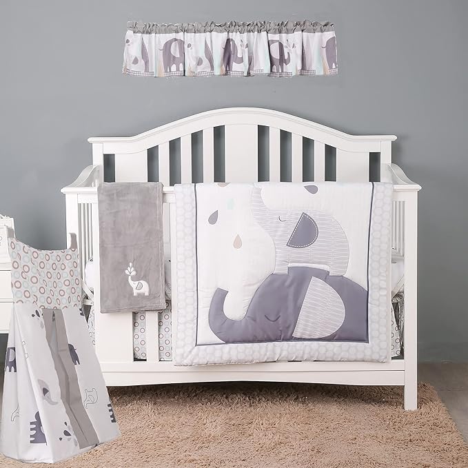 6 PCs Grey White Elephant Nursery Crib Bedding Set Quilt, Fitted Sheet, Skirt, Window Valance, Blanket, Diaper Organizer Baby Boy Elephant Theme Cot Bedding Set-CubbioJoy