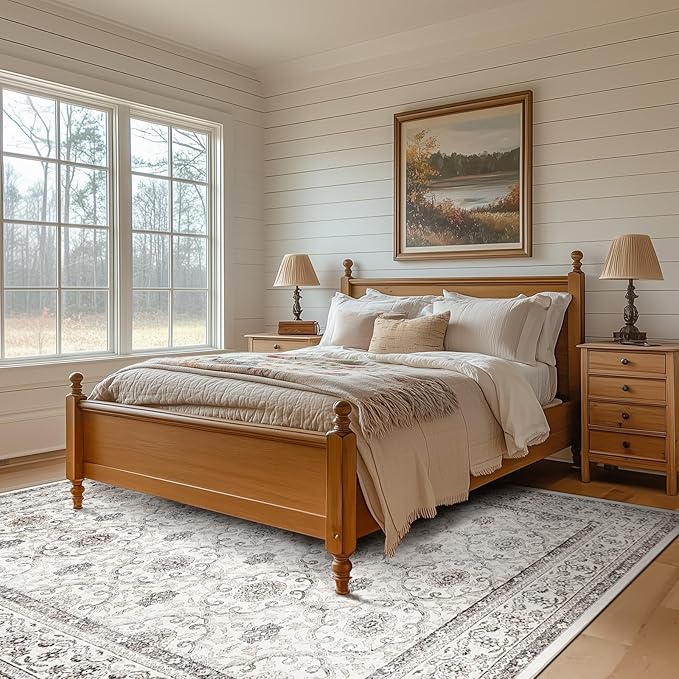 jinchan Floral 6x9 Area Rugs for Living Room - Machine Washable Vintage Distressed Boho Design Throw Rug Stain Resistant Carpet Low-Pile Thin Non-Slip for Bedroom Dining Room Nursery (6‘x9',Beige)-CubbioJoy