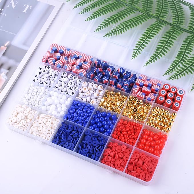 2480pcs President's Independence Day Polymer Clay Beads Charms Friendship Bracelet Necklace Earring Jewelry Making kit, Accessories for Arts Crafts DIY Birthday Gifts for Girls Children American Flag-CubbioJoy