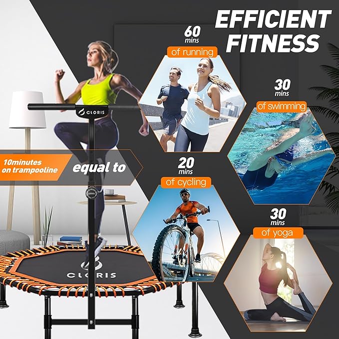 CLORIS 38in/48in Folding Trampoline - Max Load 220lbs / 450lbs Mini Trampoline Rebounder Trampoline for Adults with Adjustable Foam Handle, with safty Padded Cover Best Gift for Kids/Adult-CubbioJoy