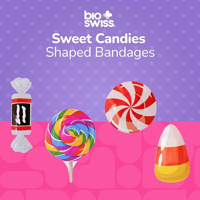 BioSwiss Bandages, Sweet Candies Shaped Self Adhesive Bandage, Latex Free Sterile Wound Care, Fun First Aid Kit Supplies for Kids and Adults, 24 Count-CubbioJoy