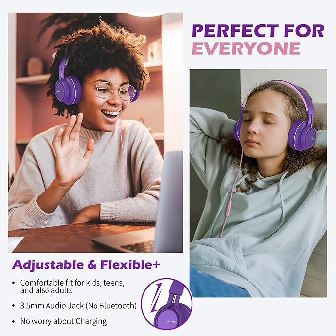 AILIHEN C8 Girls Headphones, On-Ear Headphones Wired with Microphone and Volume Control Foldable Corded Stereo 3.5mm Headset for Girls School Chromebook Laptop Computer PC Tablets Travel (Purple Pink)-CubbioJoy