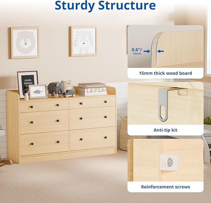 Cozy Castle Baby Dresser with 6 Drawers and Large Table Top, Multi-Functional Chest of Drawer, Drawer Dresser with Three-Sided High Rails for Nursery, Children's Room, Bedroom, Oak-CubbioJoy