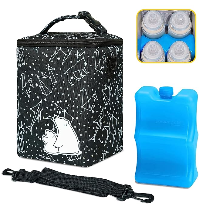 Breastmilk Cooler Bag with Ice Pack Fits 4 Baby Bottles Up to 9 Ounce Insulated Baby Bottle Bag Breast Milk Cooler on The Go with Strap Baby Bottle Cooler Bag for Nursing Mom Daycare or Travel-CubbioJoy