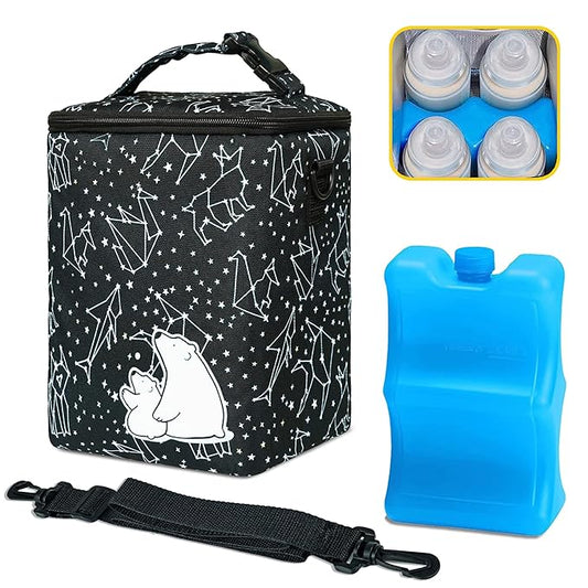 Breastmilk Cooler Bag with Ice Pack Fits 4 Baby Bottles Up to 9 Ounce Insulated Baby Bottle Bag Breast Milk Cooler on The Go with Strap Baby Bottle Cooler Bag for Nursing Mom Daycare or Travel-CubbioJoy