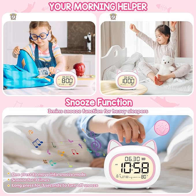 Kids Alarm Clock with Night Light for Kids, Small Digital Alarm Clocks for Bedrooms, Routine Builder, Cute Cat Alarm Clock with Sleep Training, Snooze, 12/24H, Date & Day, Temperature, USB Port-CubbioJoy
