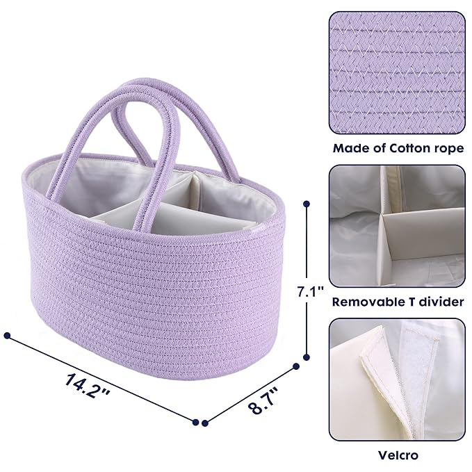 Baby Diaper Caddy Organizer Cotton Rope Nursery Storage Bin Basket Portable Holder Tote Bag for Changing Table Car Travel Baby Shower Gifts Newborn Essentials Registry Must Have Purple or Lavender-CubbioJoy