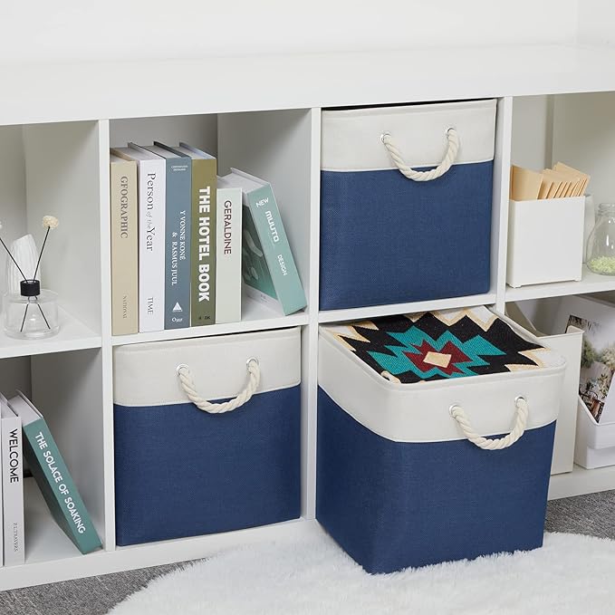 Bidtakay Storage Baskets Large Cube Storage Bins Fabric Baskets for Organizing Shelves 13x13 Navy Blue Square Storage Bins Large Set of 3 Linen Closet Organizers for Cabinet Home-CubbioJoy